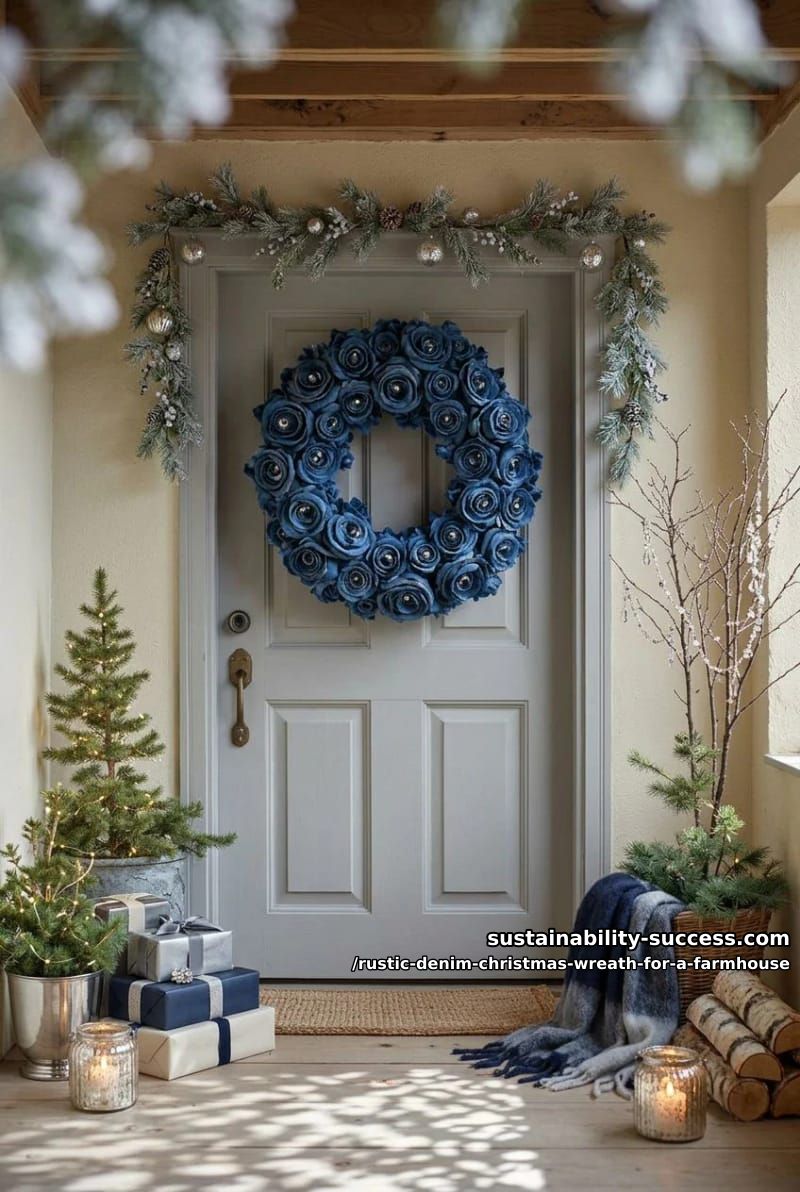 12 Rustic Denim Christmas Wreath Ideas for a Farmhouse Door 6 rolled denim rosette wreath 1