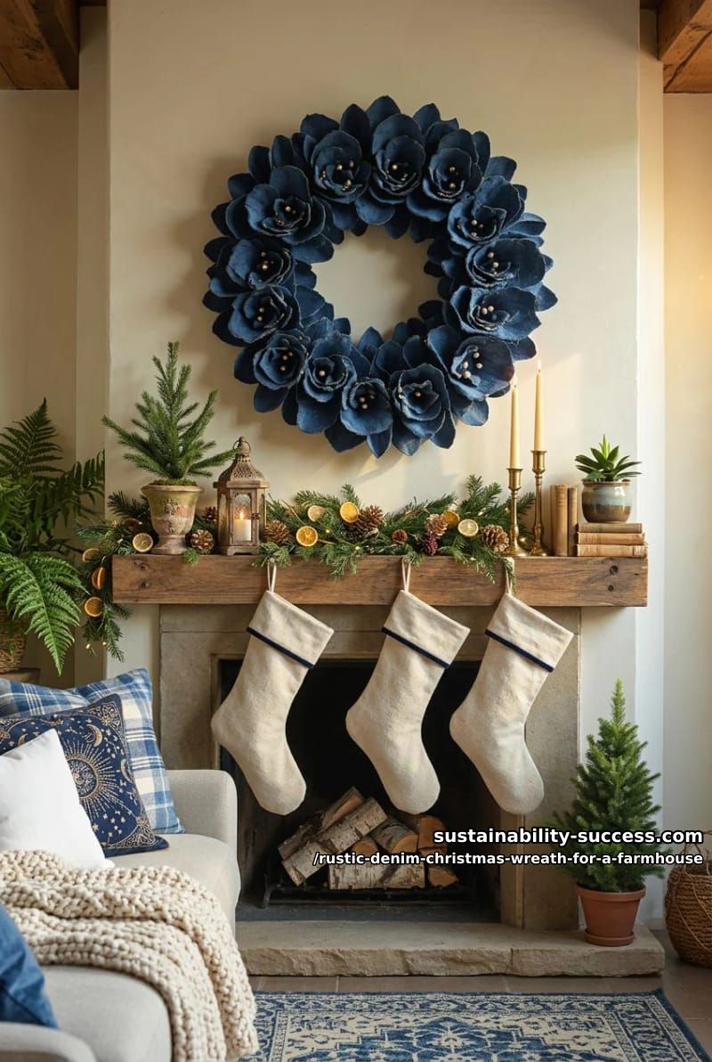 12 Rustic Denim Christmas Wreath Ideas for a Farmhouse Door 7 rolled denim rosette wreath 1