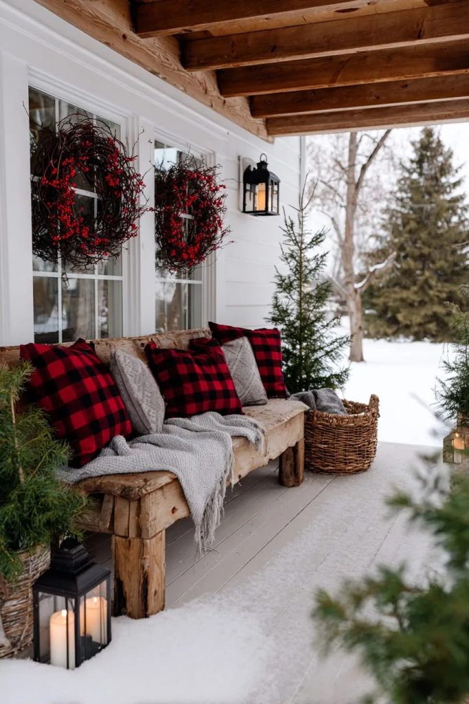 Sustainability Success 9 Rustic porch decorated for Christmas with foraged twig wreaths featuring rose hips and winterberry, cozy bench with plaid pillows and a blanket, surrounded by evergreen branches and snow, illustrating natural garden-inspired holiday decor.