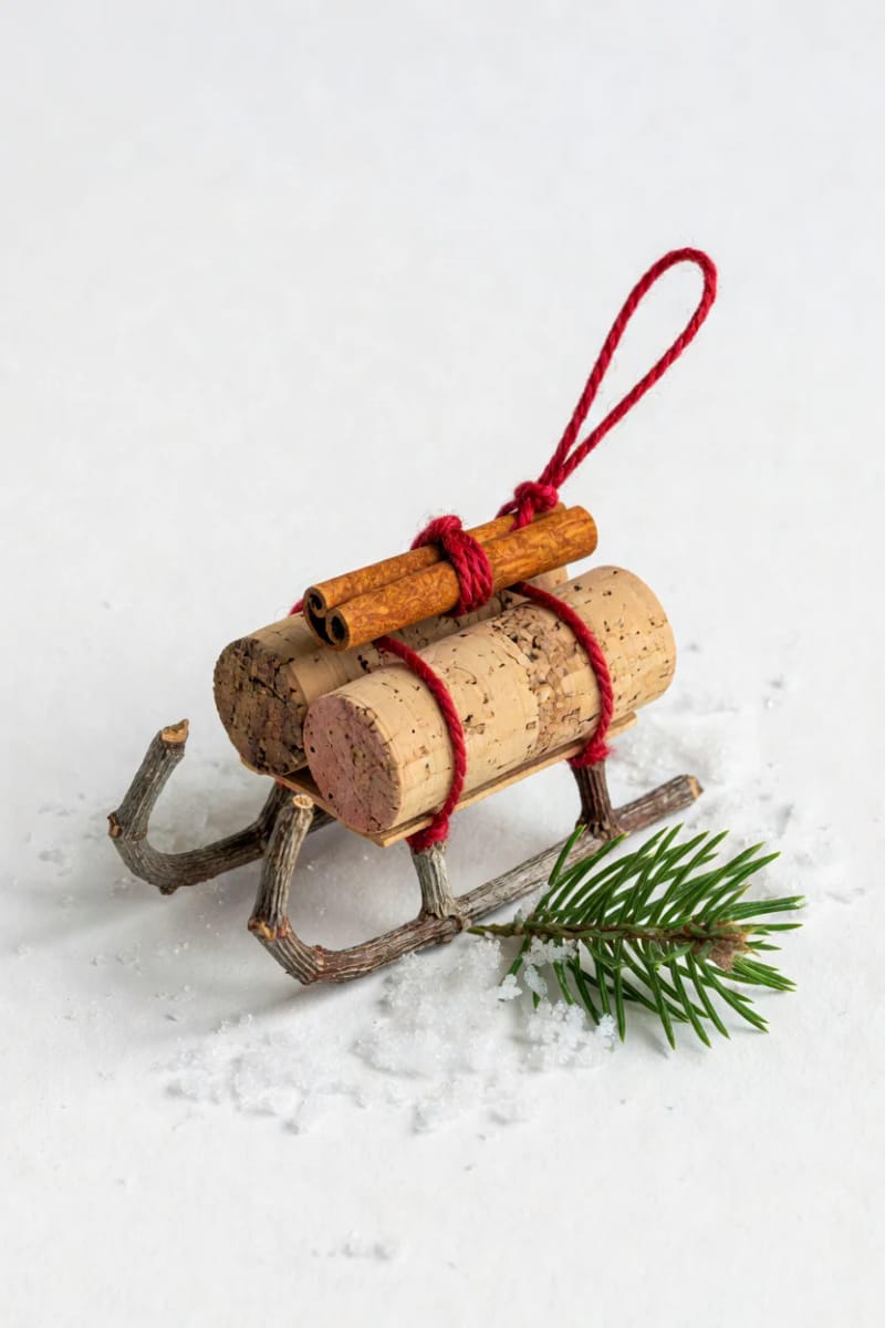 11 Wine Cork Christmas Ornaments for Beginners (That Won't Fall Apart) 18 rustic cork sled 1