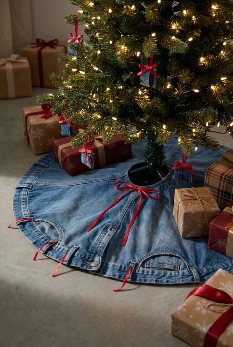 12 Denim Christmas Tree Skirt Ideas to Make From Upcycled Jeans 12 salvaged-waistband bound edge 1