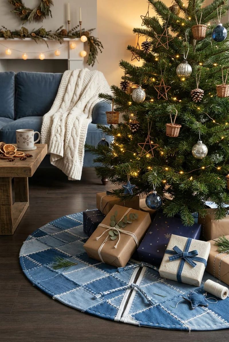 12 Denim Christmas Tree Skirt Ideas to Make From Upcycled Jeans 13 sashiko running-stitch mended denim skirt 1
