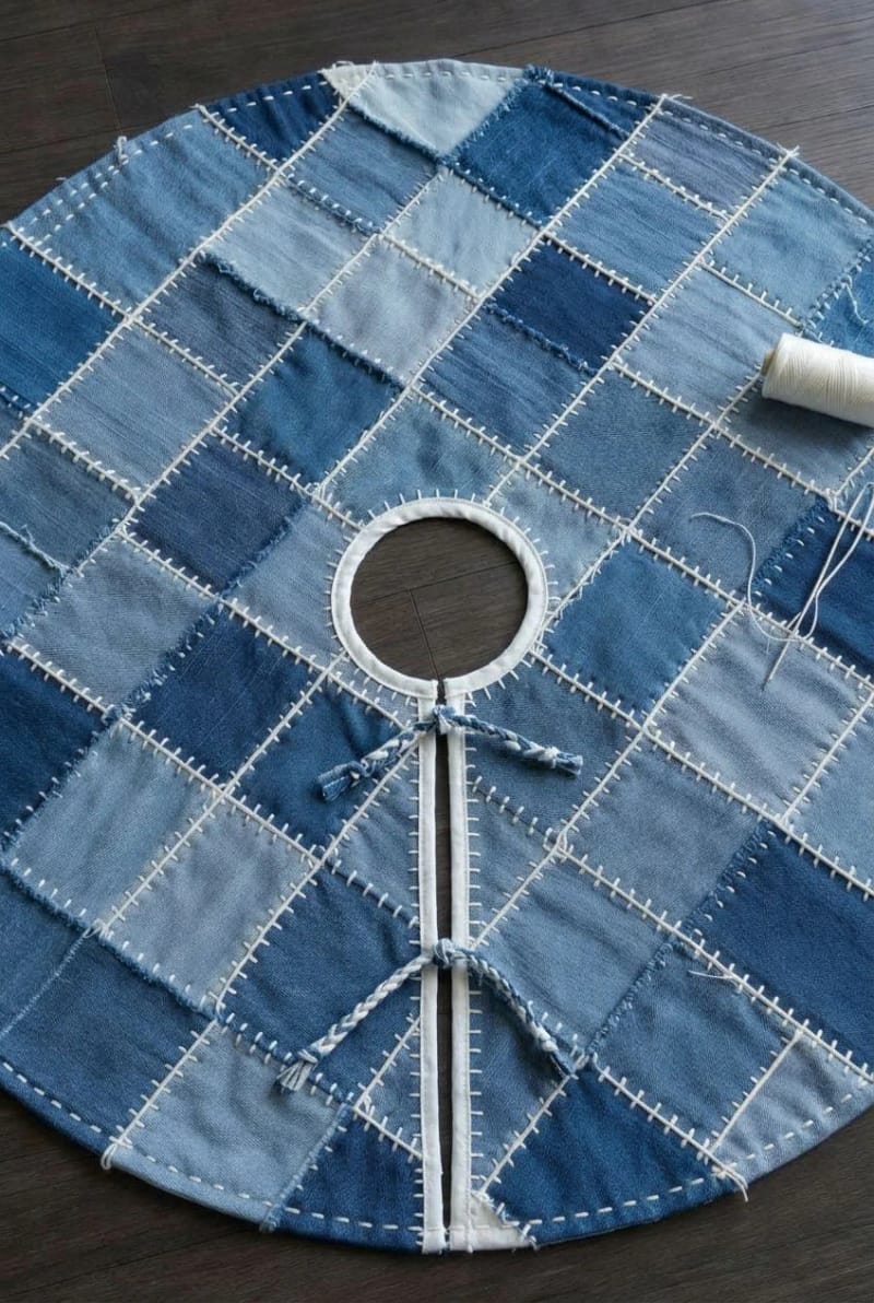 12 Denim Christmas Tree Skirt Ideas to Make From Upcycled Jeans 14 sashiko running-stitch mended denim skirt 1
