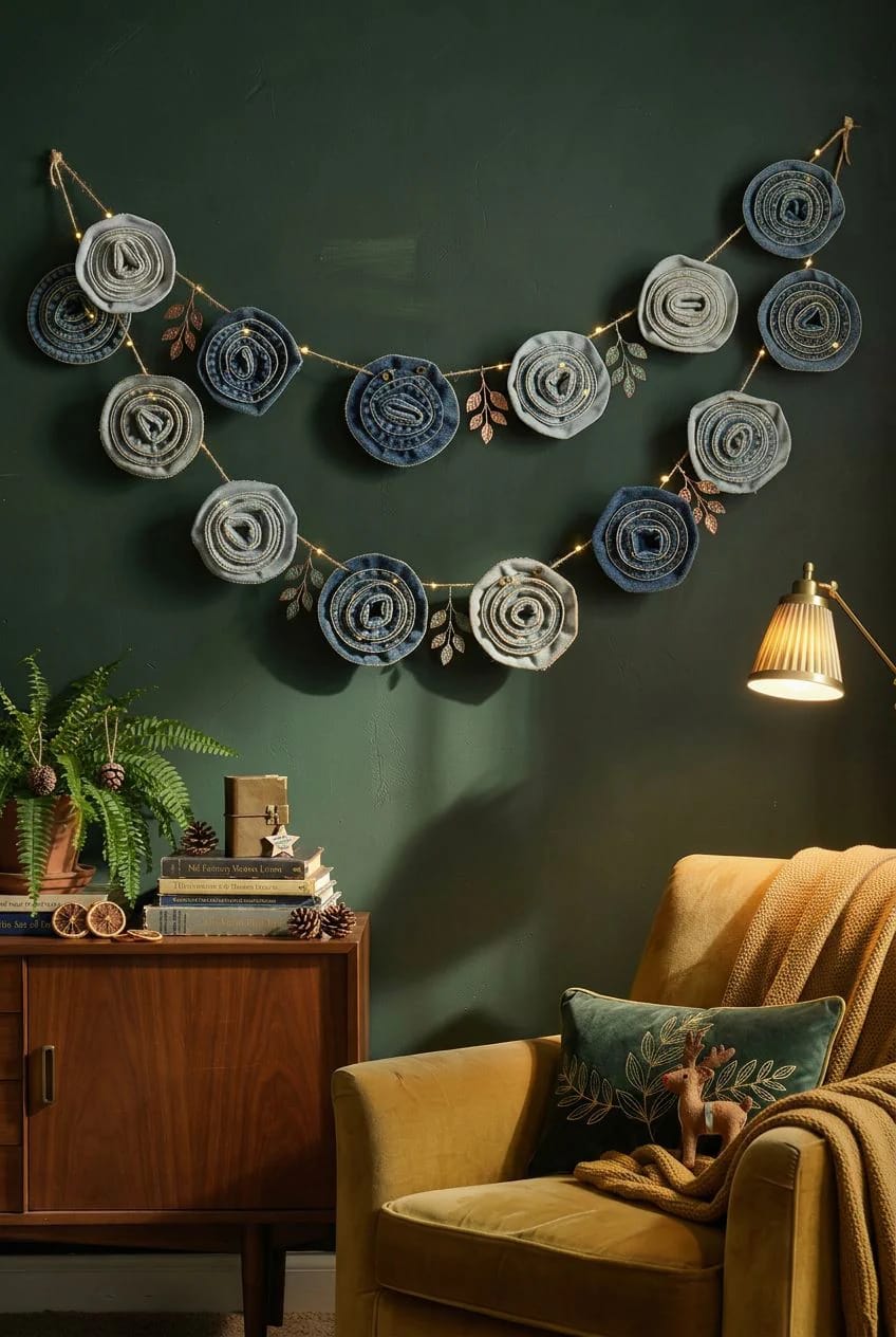10 DIY Denim Christmas Garland Ideas to Make From Old Jeans 15 seam-rope rosettes from the outseam you were about to bin 1