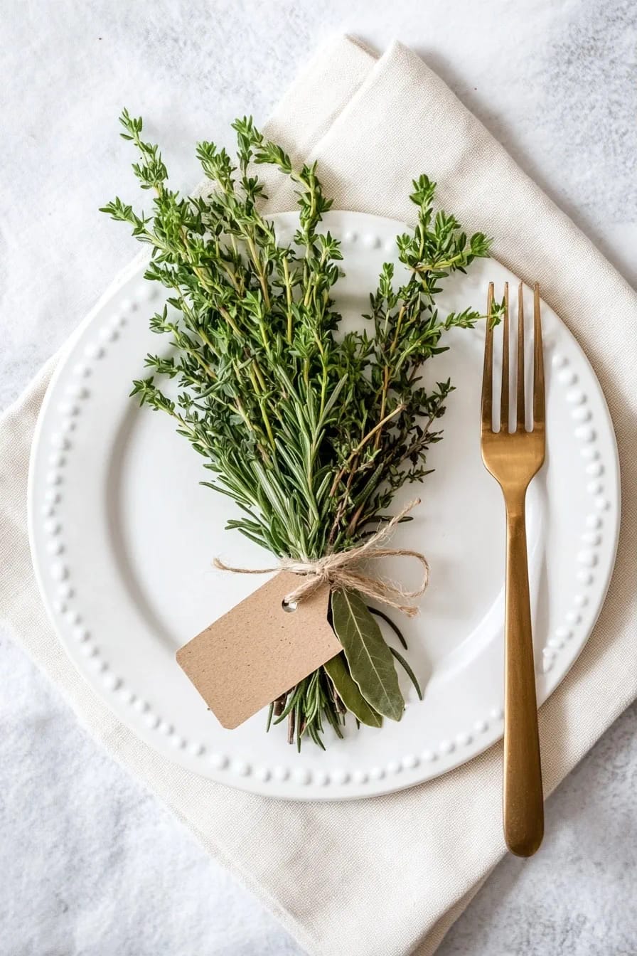 Natural Christmas Place Settings With Foraged Sprigs: 9 Ways to Set the Table 20 send everyone home with a tied herb bundle 1
