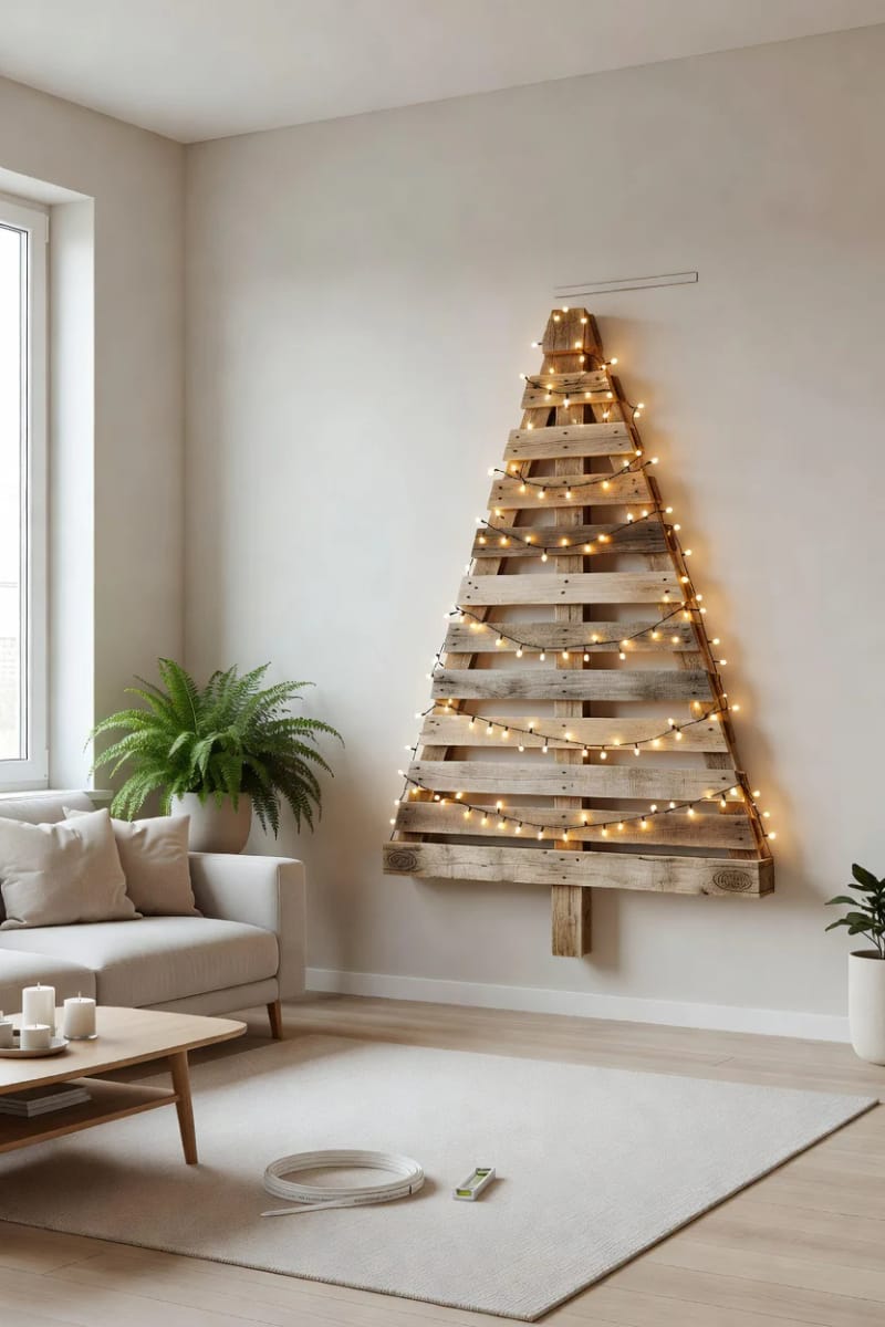 11 Wall-Mounted Pallet Christmas Tree Ideas With Lights for Small Spaces 11 skip the drill and lean it, or use command strips, if you rent 1