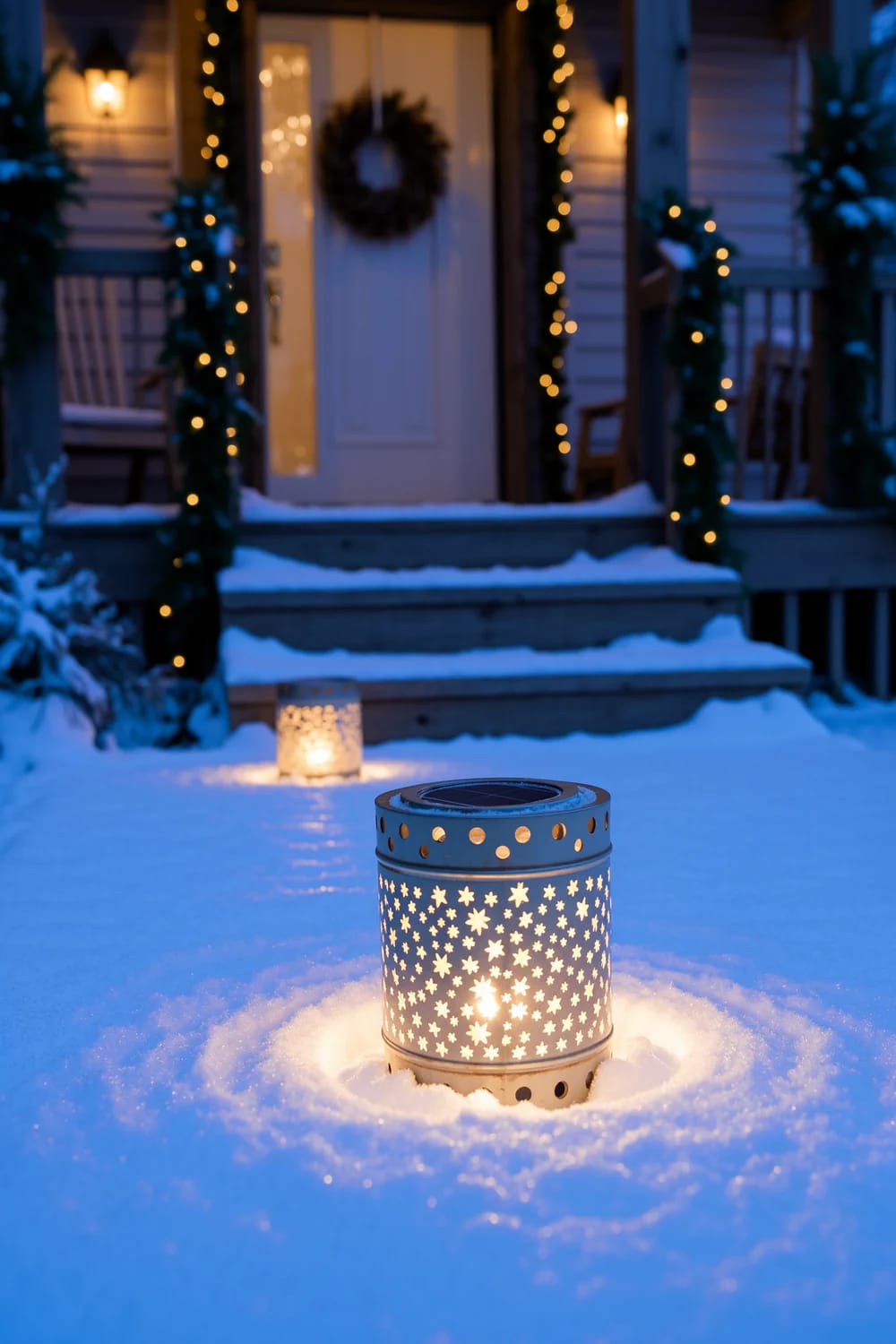Punched Tin Can Luminaries for an Outdoor Christmas 14 solar-converted cans that never need a match 1