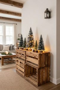 Rustic Pallet Christmas Decor for Renters Who Can't Drill the Walls 1 stacked crate vignette: a tiny pallet-wood tree farm on a console 7