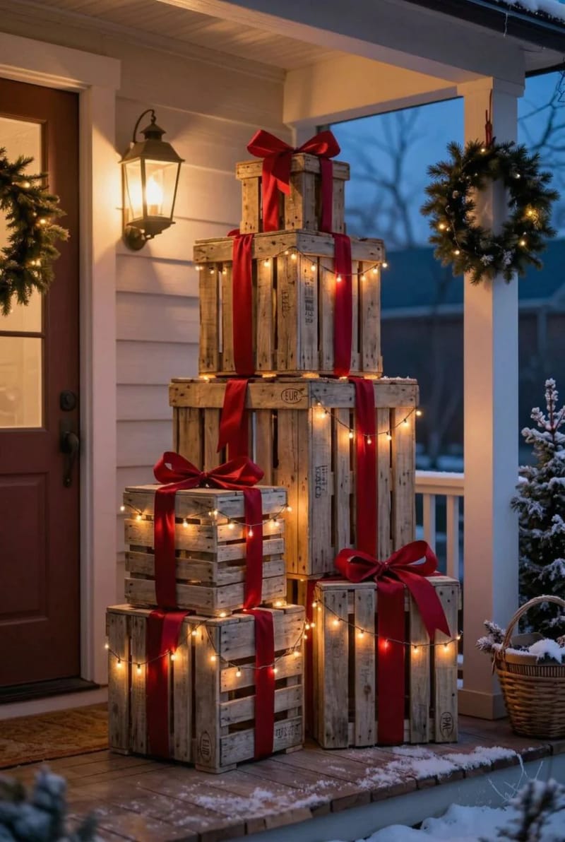 10 Outdoor Pallet Christmas Decorations for the Yard That Last the Whole Season 12 stacked pallet gift boxes wrapped in lights 1