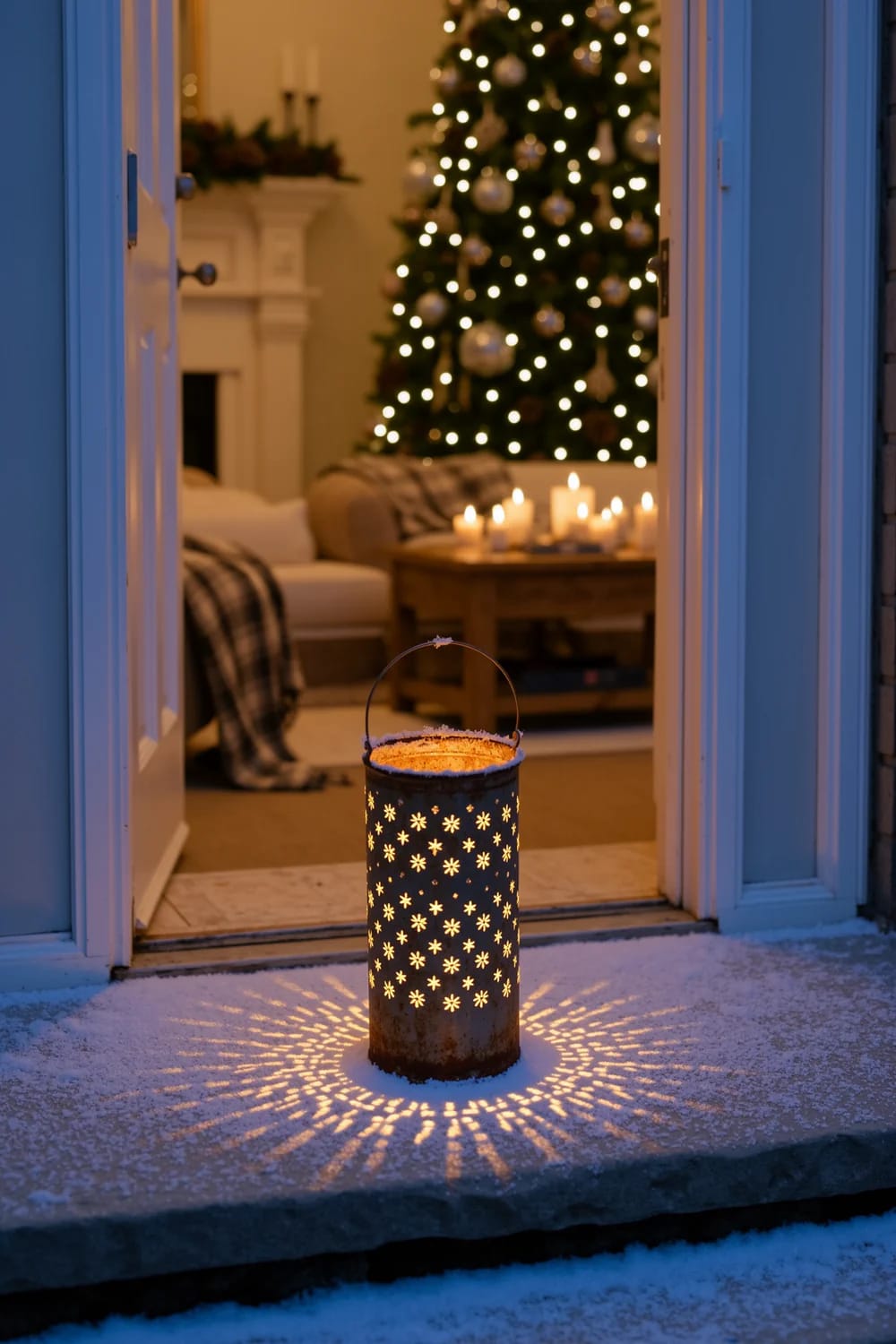 Punched Tin Can Luminaries for an Outdoor Christmas 2 star-and-snowflake pierced tins, the pattern everyone pictures 1