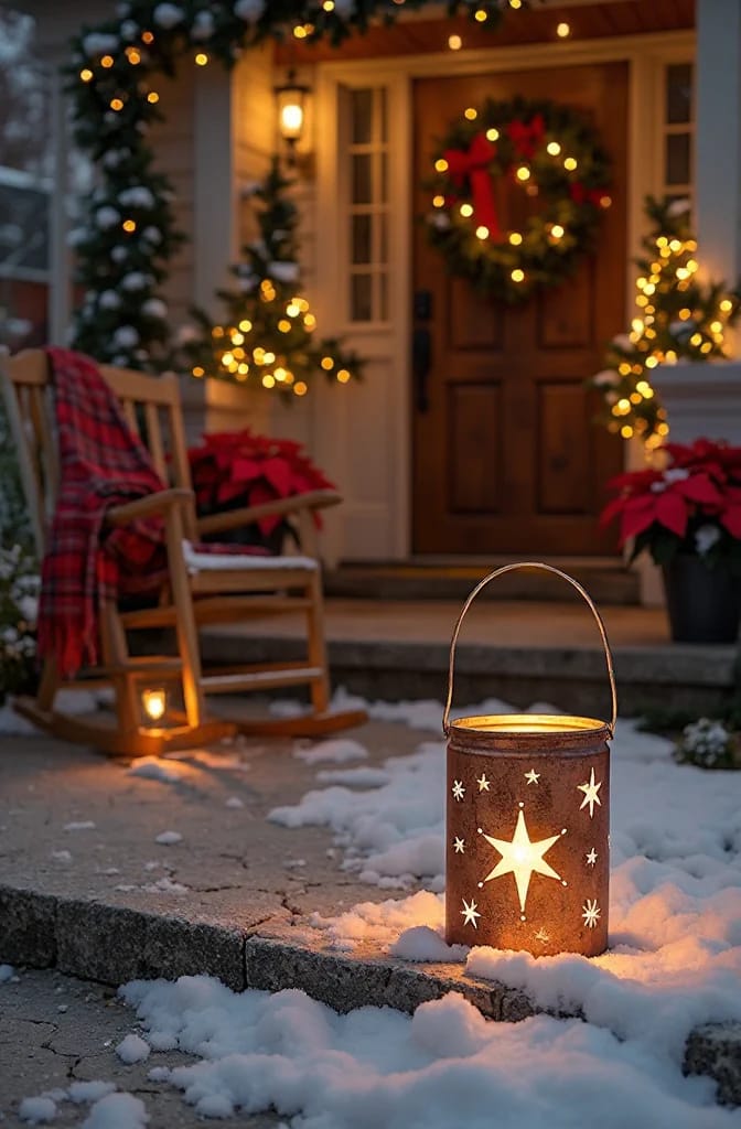 Sustainability Success 10 A punched tin can luminary with star and snowflake patterns glows on a snowy outdoor walkway, with a decorated porch, Christmas wreath, poinsettias, and holiday lights in the background, illustrating outdoor Christmas luminary decorations.