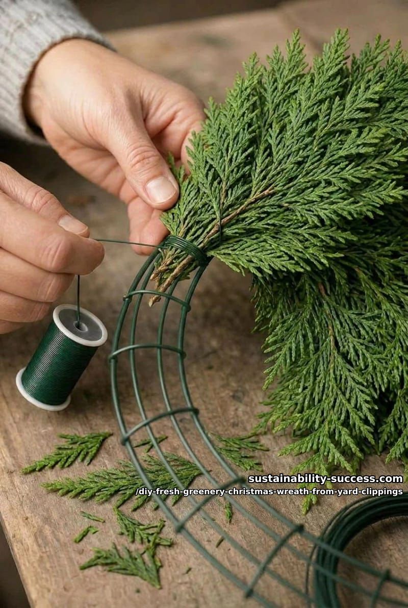 How to Make a Fresh Greenery Christmas Wreath from Yard Clippings 5 step 2: wire the bundles onto the frame 1