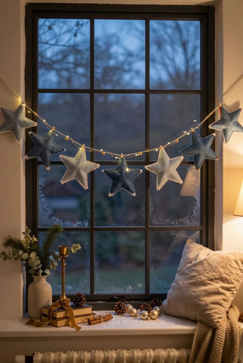 10 DIY Denim Christmas Garland Ideas to Make From Old Jeans 9 stiffened denim star garland 1