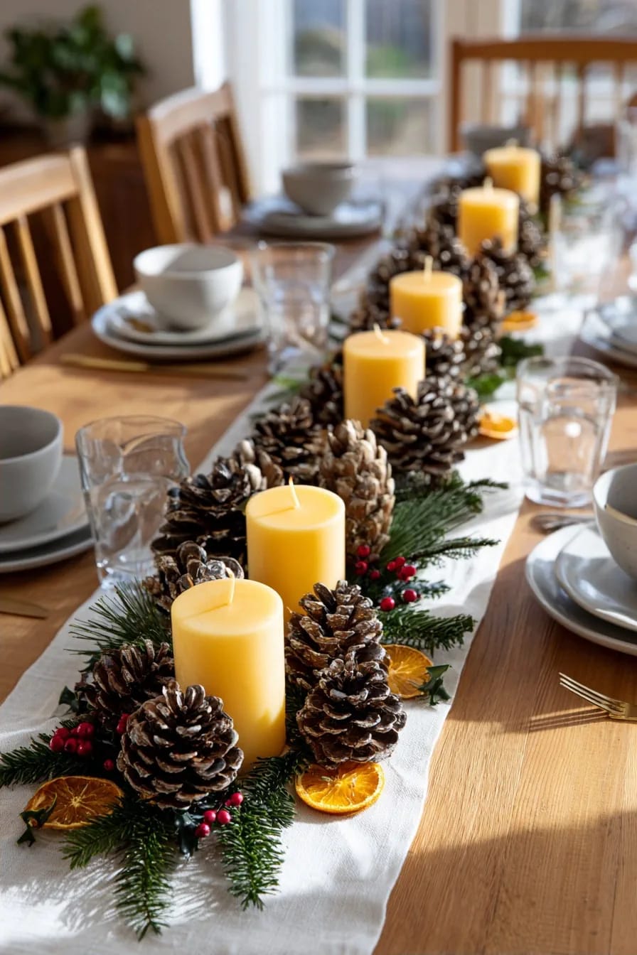 stud the pinecones with cloves and swap in beeswax so the runner smells like december 1