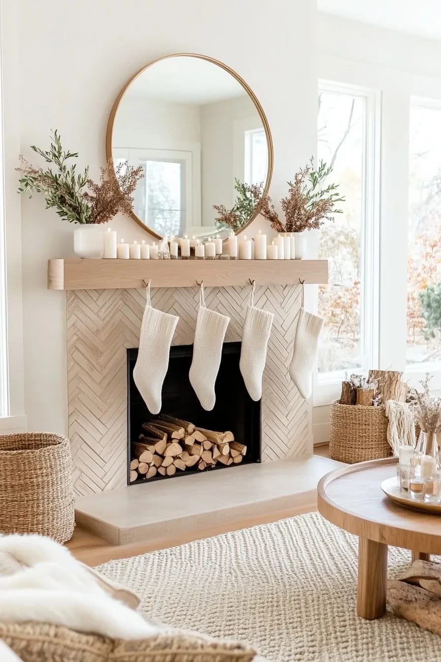 Neutral Winter Mantel Decor Without Red and Green (Warm, Not Washed-Out) 10 style the stockings and skip the garland if you want 1