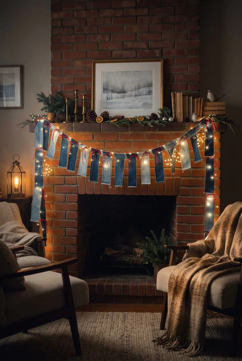 10 DIY Denim Christmas Garland Ideas to Make From Old Jeans 13 the lit denim garland (battery leds, not the old string) 1