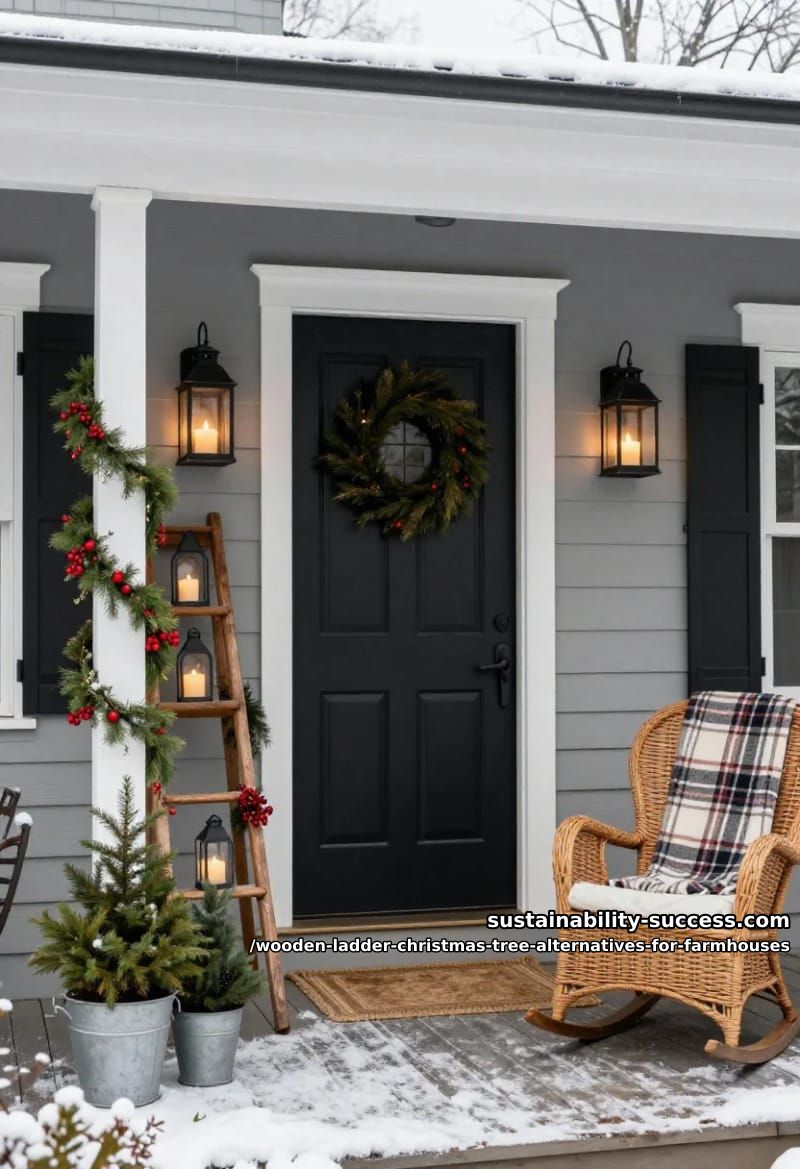 the porch ladder, cedar garland and lanterns 1