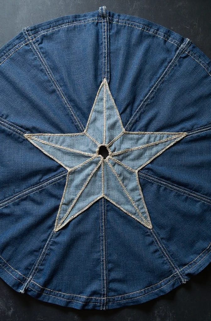 12 Denim Christmas Tree Skirt Ideas to Make From Upcycled Jeans 17 topstitched lone-star farmhouse skirt 1