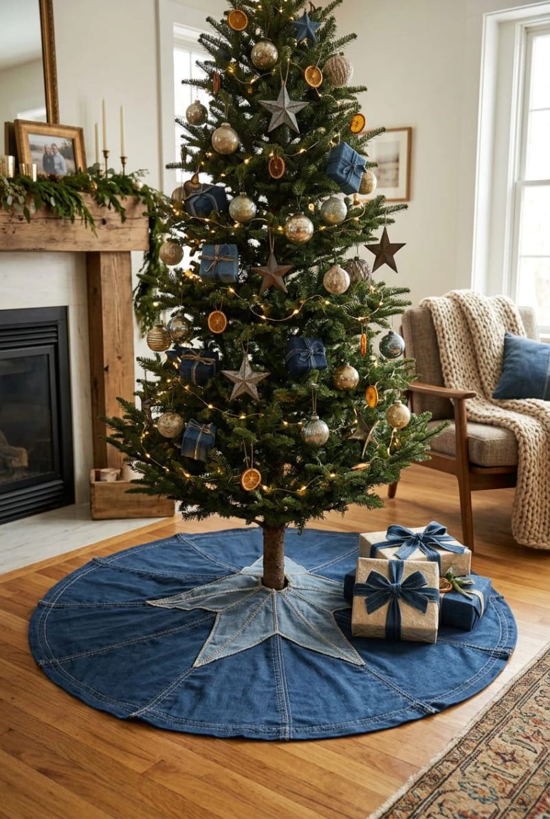 12 Denim Christmas Tree Skirt Ideas to Make From Upcycled Jeans 18 topstitched lone-star farmhouse skirt 1