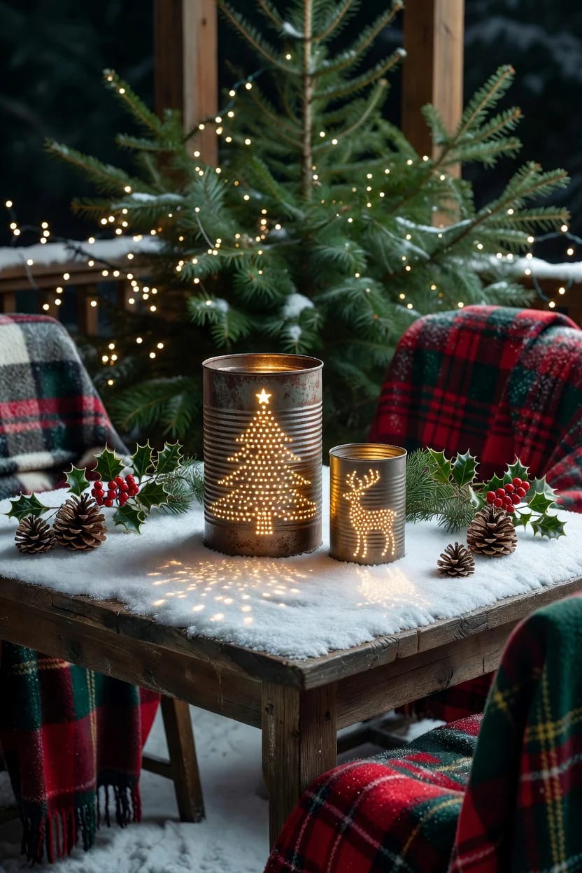 Punched Tin Can Luminaries for an Outdoor Christmas 6 tree and reindeer silhouettes cut into the tin 1