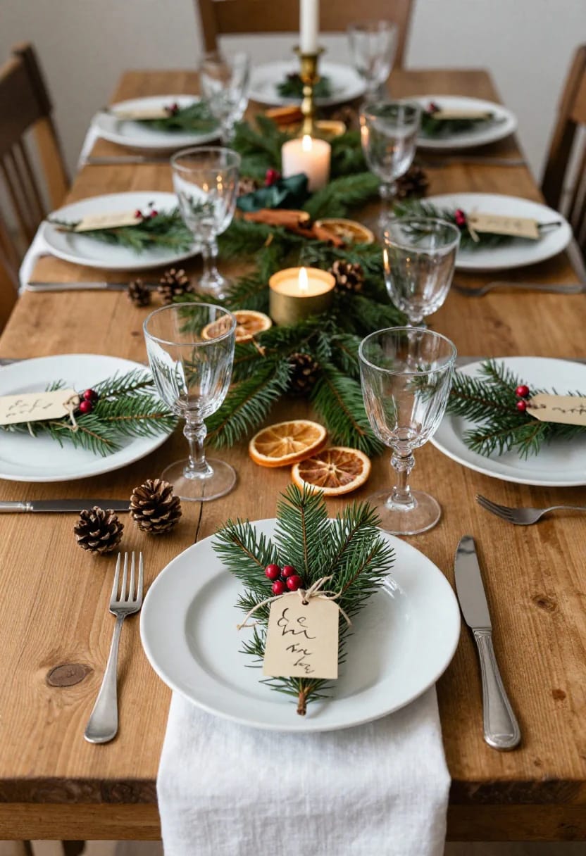 Natural Christmas Place Settings With Foraged Sprigs: 9 Ways to Set the Table 9 turn a sprig into a place card instead of buying them 1