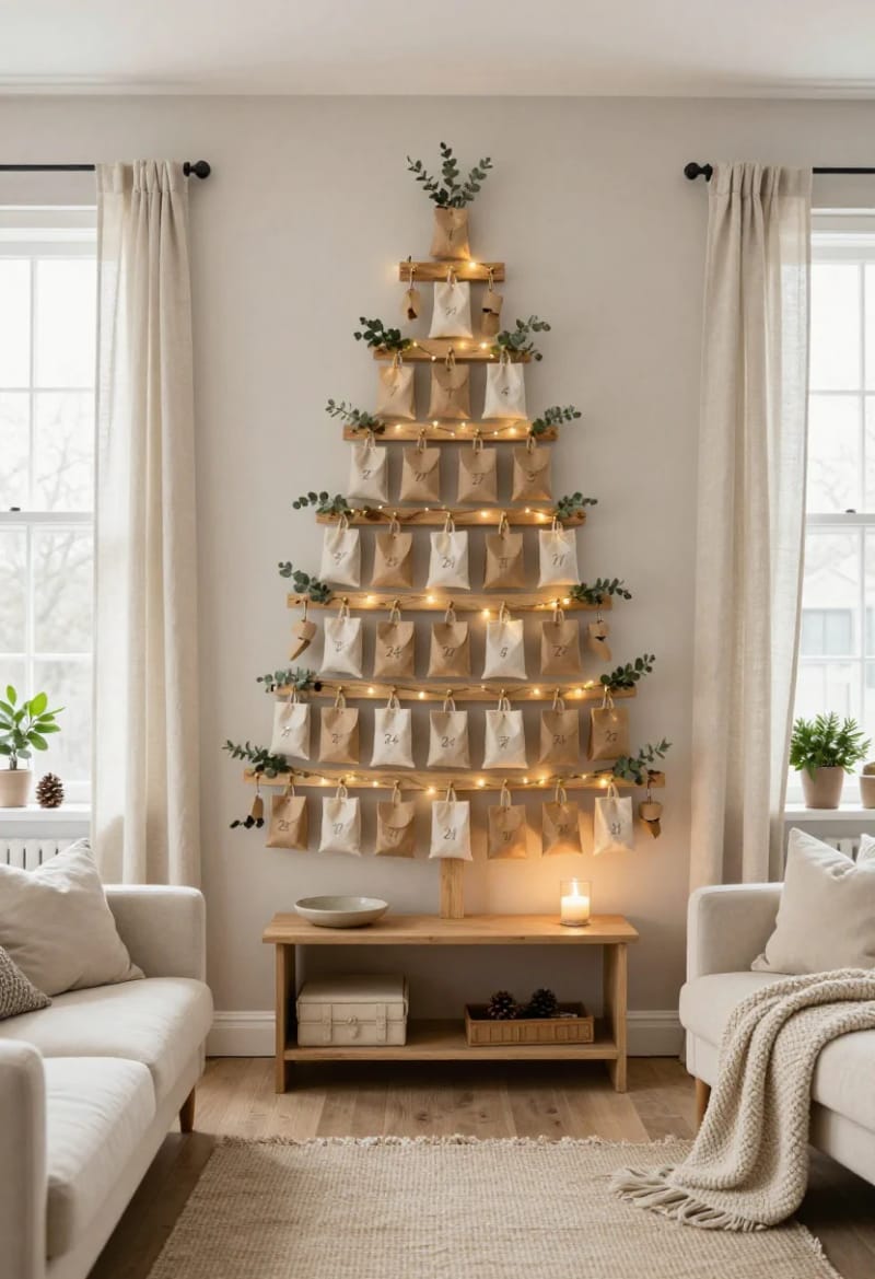 11 Wall-Mounted Pallet Christmas Tree Ideas With Lights for Small Spaces 7 turn the pallet tree into an advent calendar with numbered slat pockets 1