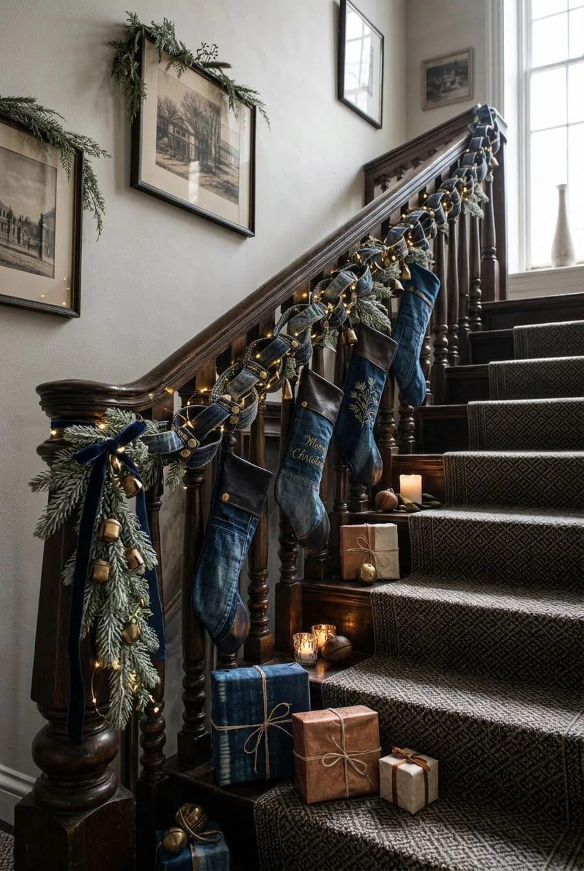 10 DIY Denim Christmas Garland Ideas to Make From Old Jeans 11 waistband and belt-loop chain garland 1