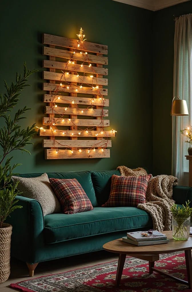11 Wall-Mounted Pallet Christmas Tree Ideas With Lights for Small Spaces 6 warm-white fairy lights read rustic; colored bulbs read retro 1