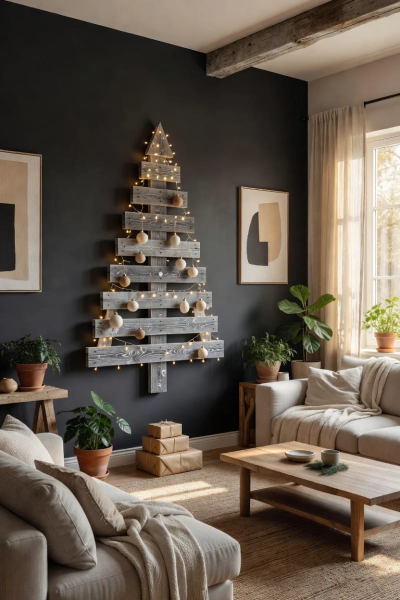 11 Wall-Mounted Pallet Christmas Tree Ideas With Lights for Small Spaces 5 whitewash the wood for a pale wall, leave it raw for a dark one 1