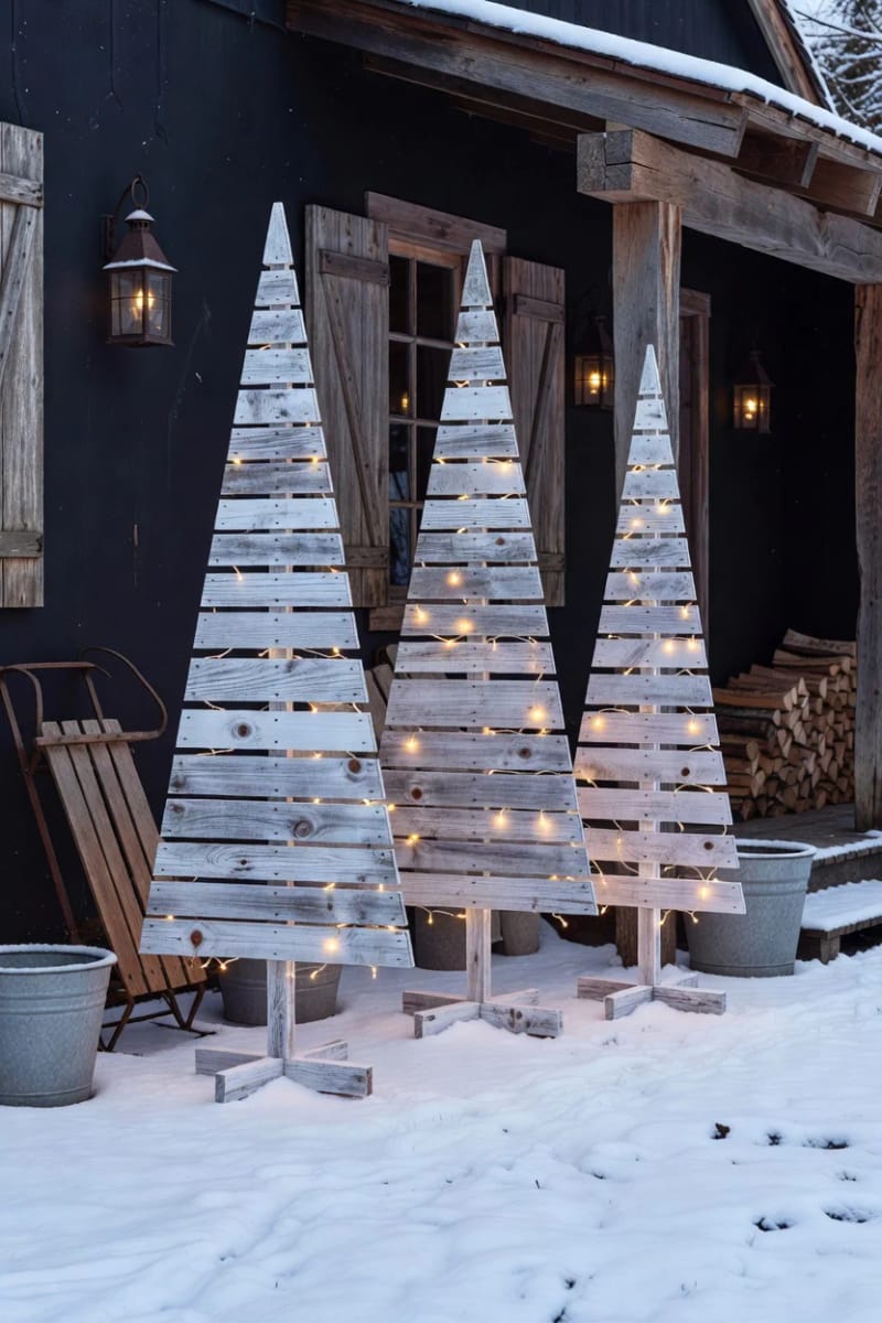 10 Outdoor Pallet Christmas Decorations for the Yard That Last the Whole Season 6 whitewashed pallet trees for a nordic, birch-look palette 1