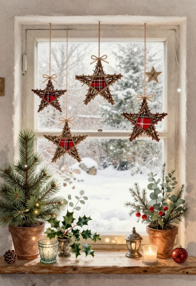 Foraged Twig Christmas Decorations From the Garden 9 woven twig stars, lashed rather than glued 1