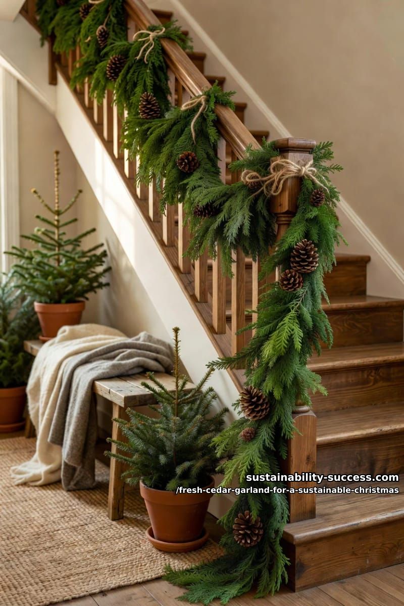 Fresh Cedar Garland for a Sustainable Christmas 8 wrap the staircase with cedar and reusable twine, not floral wire 1