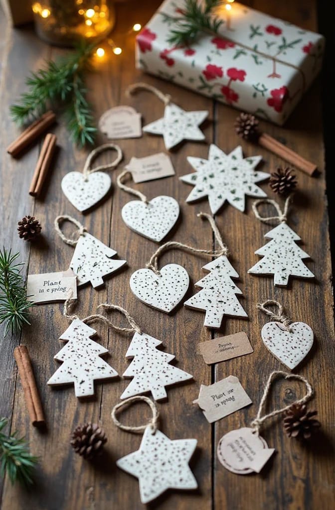 Assorted seed paper Christmas ornaments in shapes like trees, hearts, stars, and snowflakes with jute strings, arranged on a wooden table with pine branches, cinnamon sticks, pinecones, and a wrapped gift, illustrating plantable ornaments for holiday gifting.