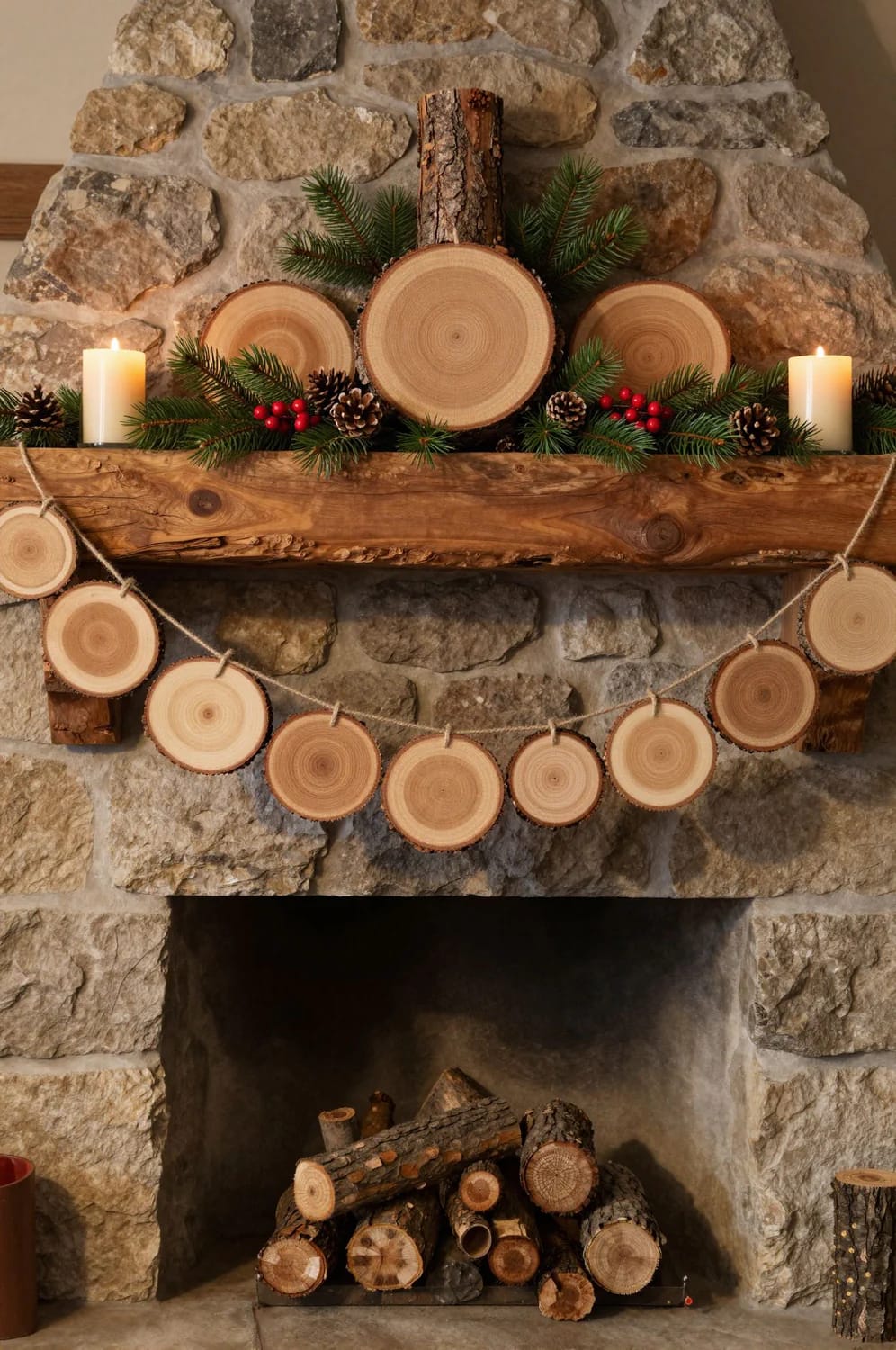 Log Round Christmas Decorations for a Rustic Mantel Without Crowding the Shelf 9 a jute-strung wood slice garland belongs on the front edge, not draped 1