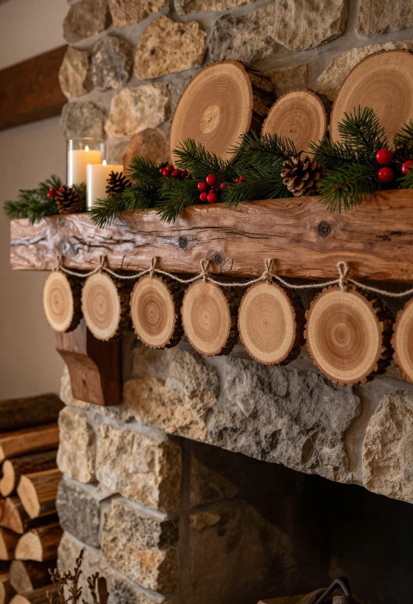 Log Round Christmas Decorations for a Rustic Mantel Without Crowding the Shelf 10 a jute-strung wood slice garland belongs on the front edge, not draped 1