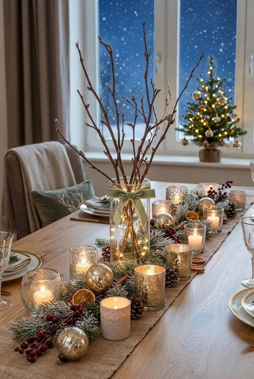 Bare Branch Winter Centerpiece Ideas for a January Table 26 a line of bud vases, one twig each, for a table too narrow to hold an arrangement 1