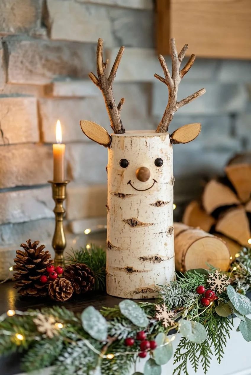 Log Round Christmas Decorations for a Rustic Mantel Without Crowding the Shelf 24 a log round reindeer needs one round, not three 1