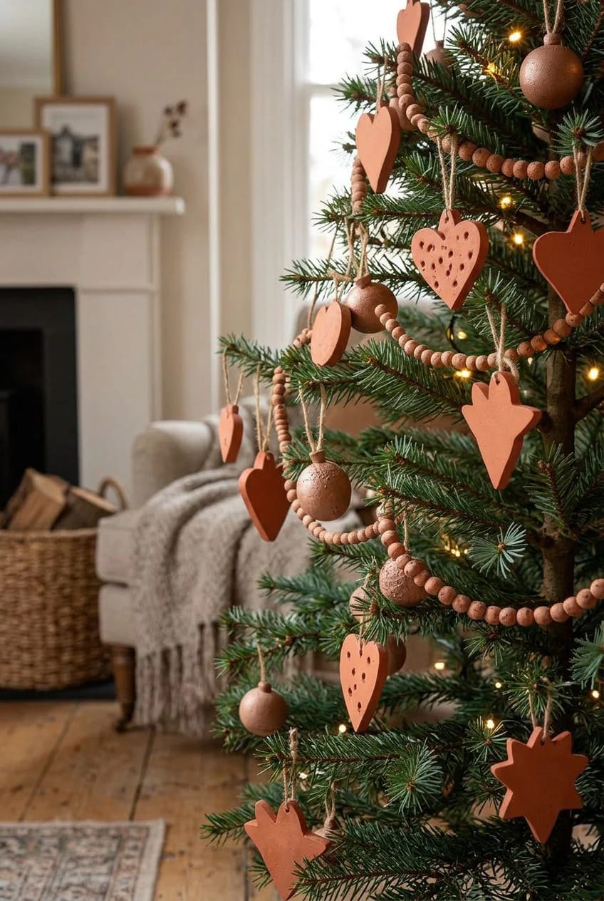 Terracotta Clay Christmas Ornaments for an Earthy Tree 16 a rolled terracotta bead garland to pull the tree together 1
