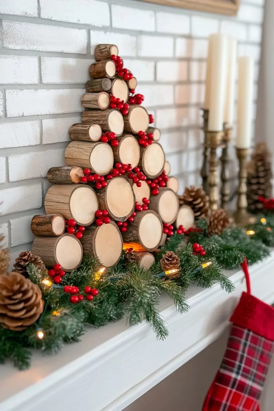 Log Round Christmas Decorations for a Rustic Mantel Without Crowding the Shelf 18 A rustic mantel decorated with a tree made from stacked log rounds, accented by red berries, pinecones, and evergreen garland, illustrating log round Christmas decorations for a balanced, uncluttered shelf.
