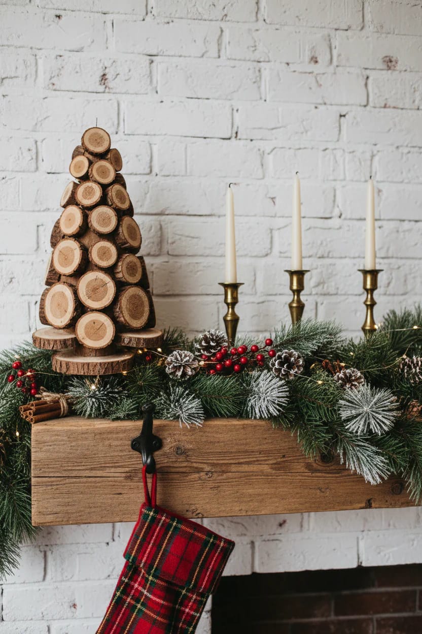 Log Round Christmas Decorations for a Rustic Mantel Without Crowding the Shelf 19 A rustic mantel decorated with a log round Christmas tree at one end, surrounded by evergreen garland with pinecones and red berries, three brass candlesticks with white candles, and a red plaid stocking hanging below, illustrating how to style a mantel without crowding the shelf.