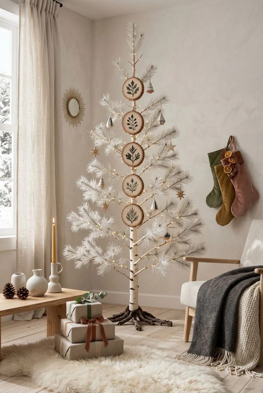 13 Painted Wood Slice Ornaments for a Minimalist Tree 24 a vertical strand of five graduated slices 1