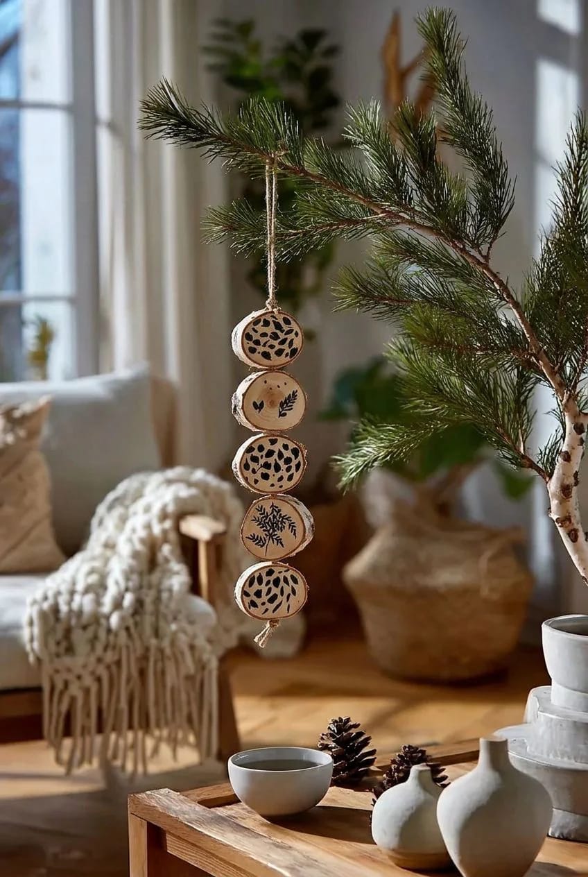 13 Painted Wood Slice Ornaments for a Minimalist Tree 25 a vertical strand of five graduated slices 1
