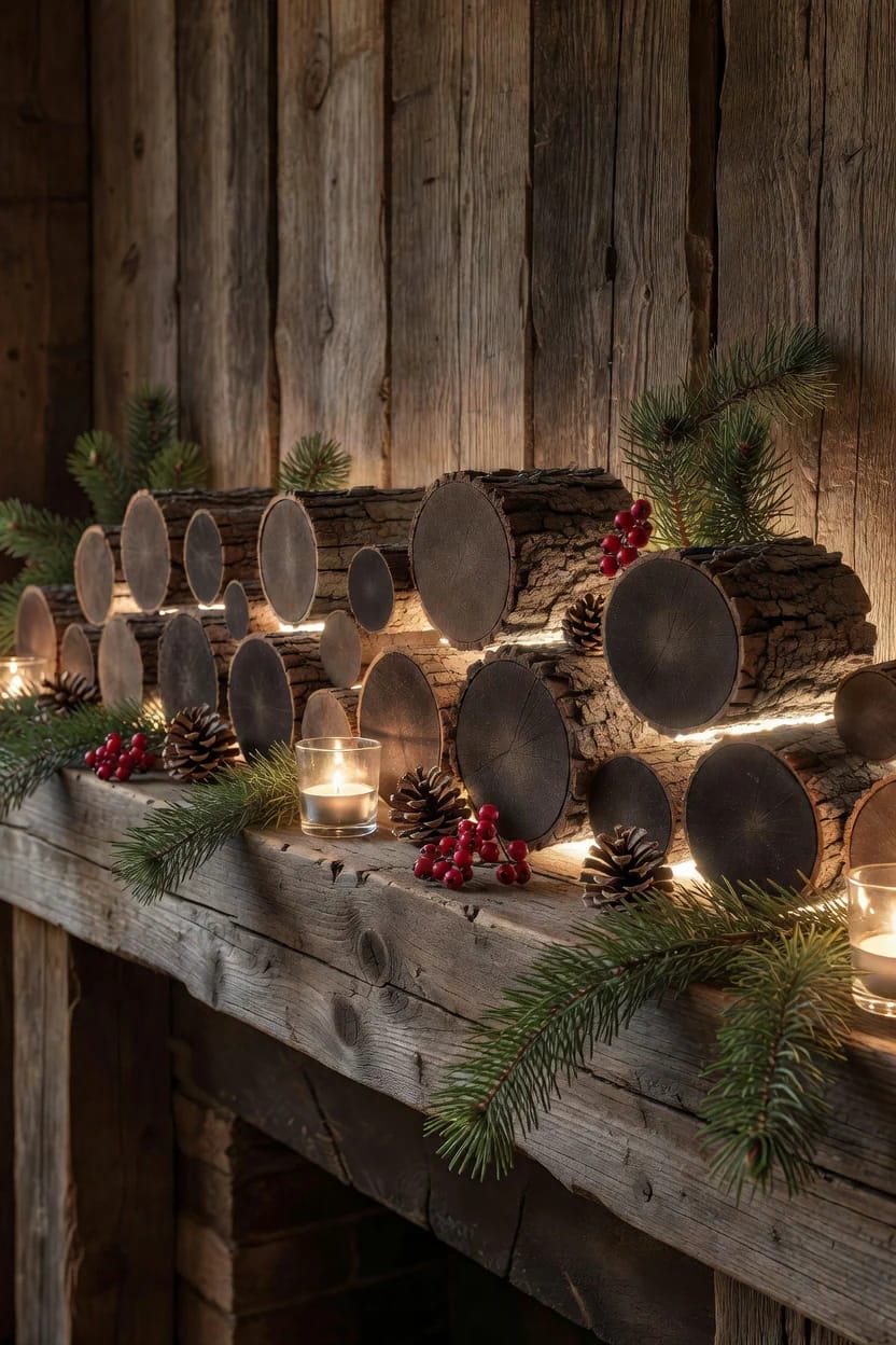 Log Round Christmas Decorations for a Rustic Mantel Without Crowding the Shelf 11 backlight the rounds so the bark edge glows, not the cut face 1