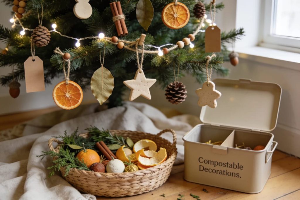 Christmas tree decorated with dried orange slices, cinnamon sticks, leaves, pinecones, wooden tags, and star-shaped ornaments, beside a basket of natural decorations and a compostable decorations container