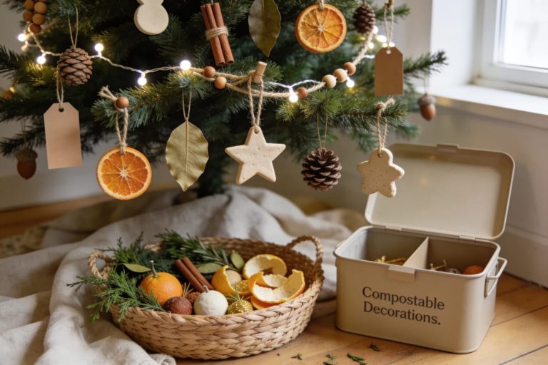 Biodegradable Christmas Tree Decorations That Actually Compost 1 Christmas tree decorated with dried orange slices, cinnamon sticks, leaves, pinecones, wooden tags, and star-shaped ornaments, beside a basket of natural decorations and a compostable decorations container