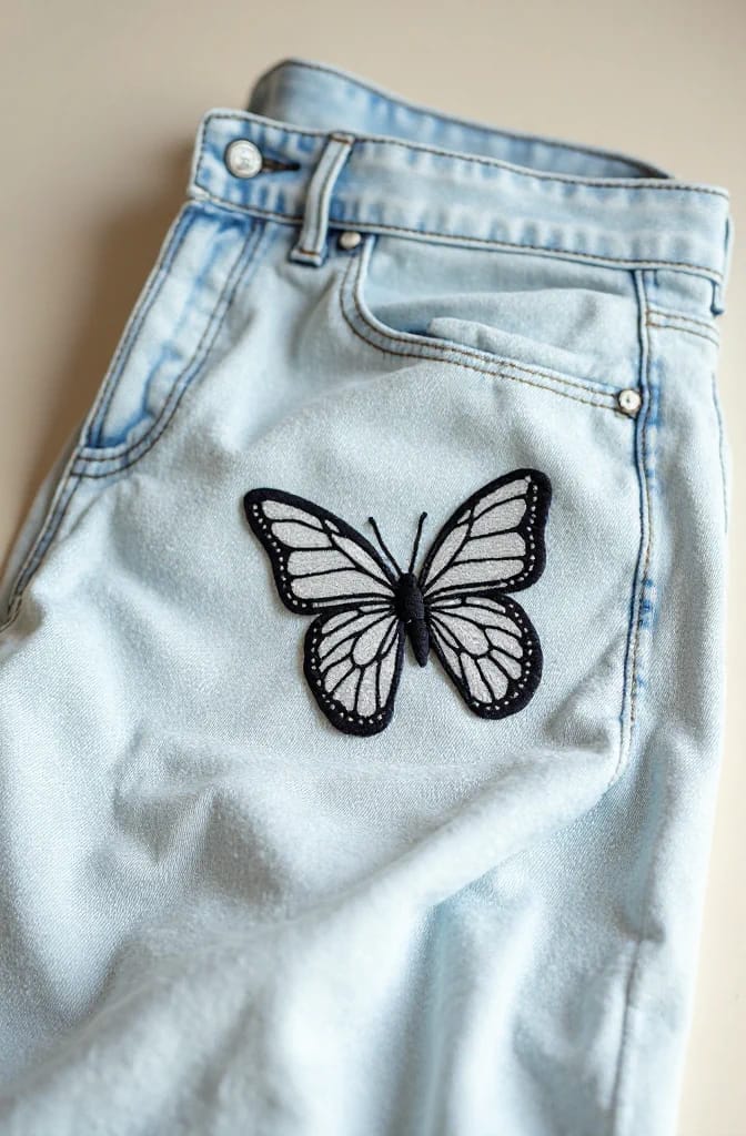 Black Butterfly Embroidery Jeans On Pale Denim Pale denim jeans featuring a black-and-white butterfly embroidery above the front pocket, illustrating a minimalist butterfly embroidery jeans design