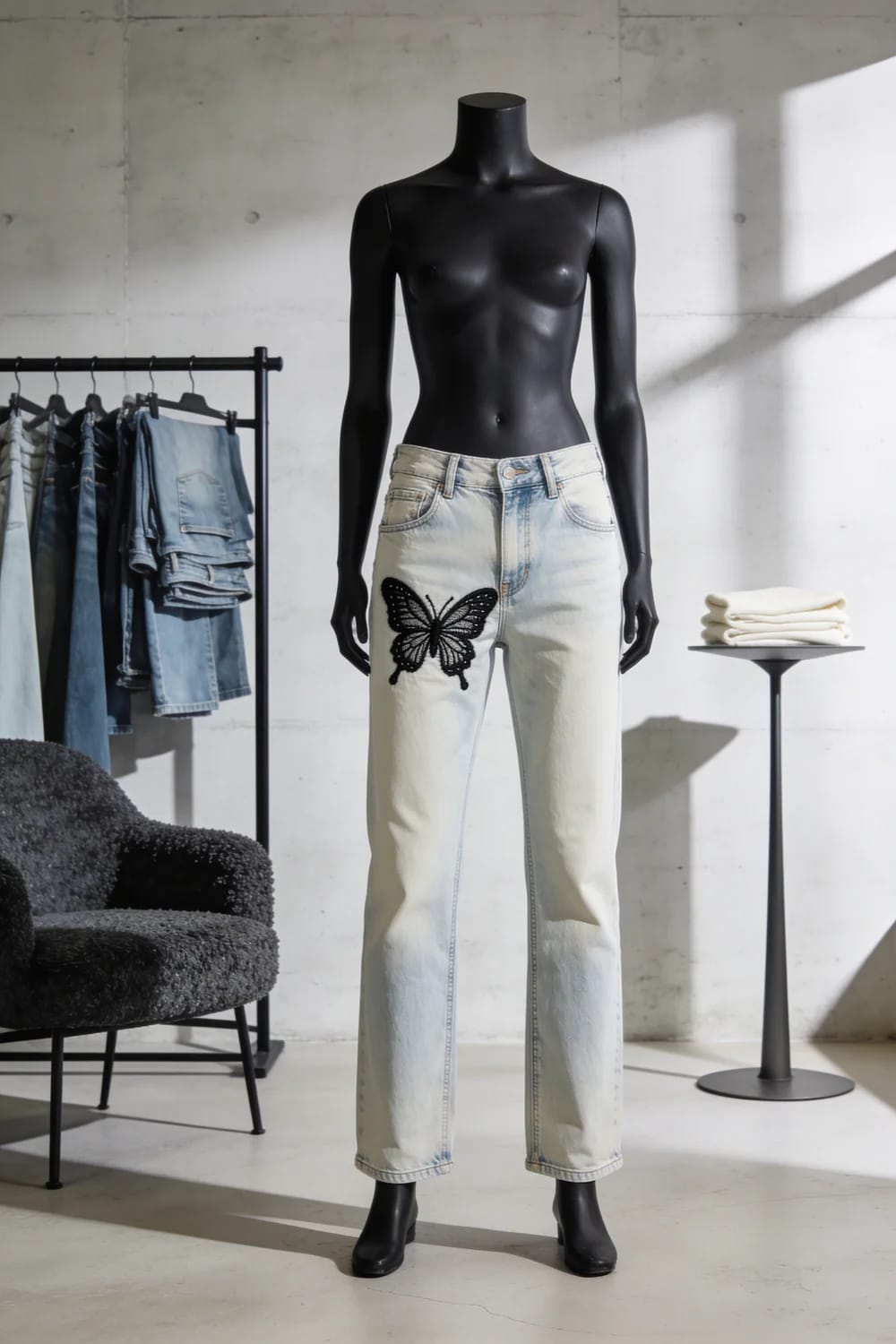 Black Butterfly Embroidery Jeans On Pale Denim Black mannequin wearing pale denim jeans with a large black embroidered butterfly on the upper left thigh, illustrating butterfly embroidery jeans.