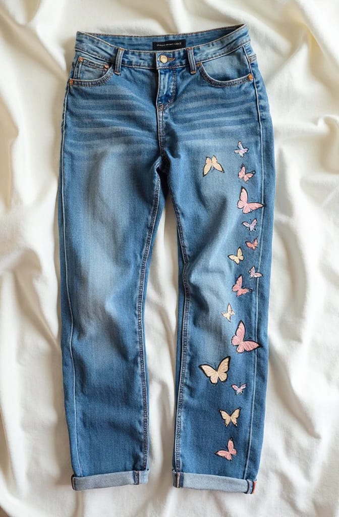 Butterfly Embroidery Jeans Along One Outseam Blue cuffed jeans displayed on white fabric, featuring a vertical row of colorful butterfly embroidery down the outer leg from the upper thigh toward the ankle.