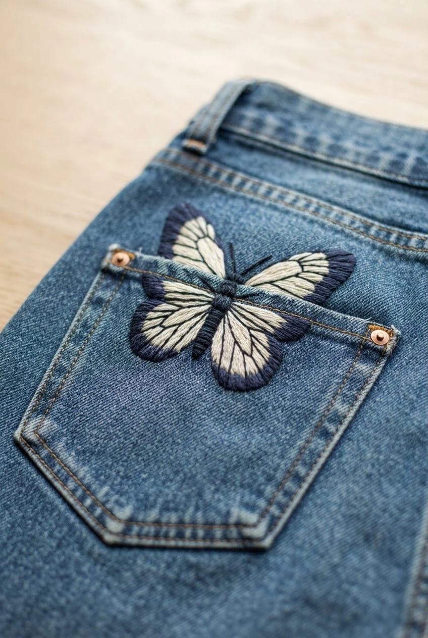 Butterfly Embroidery Jeans Back Pocket Close-up of blue denim jeans with a cream and dark embroidered butterfly crossing the top edge of the back pocket