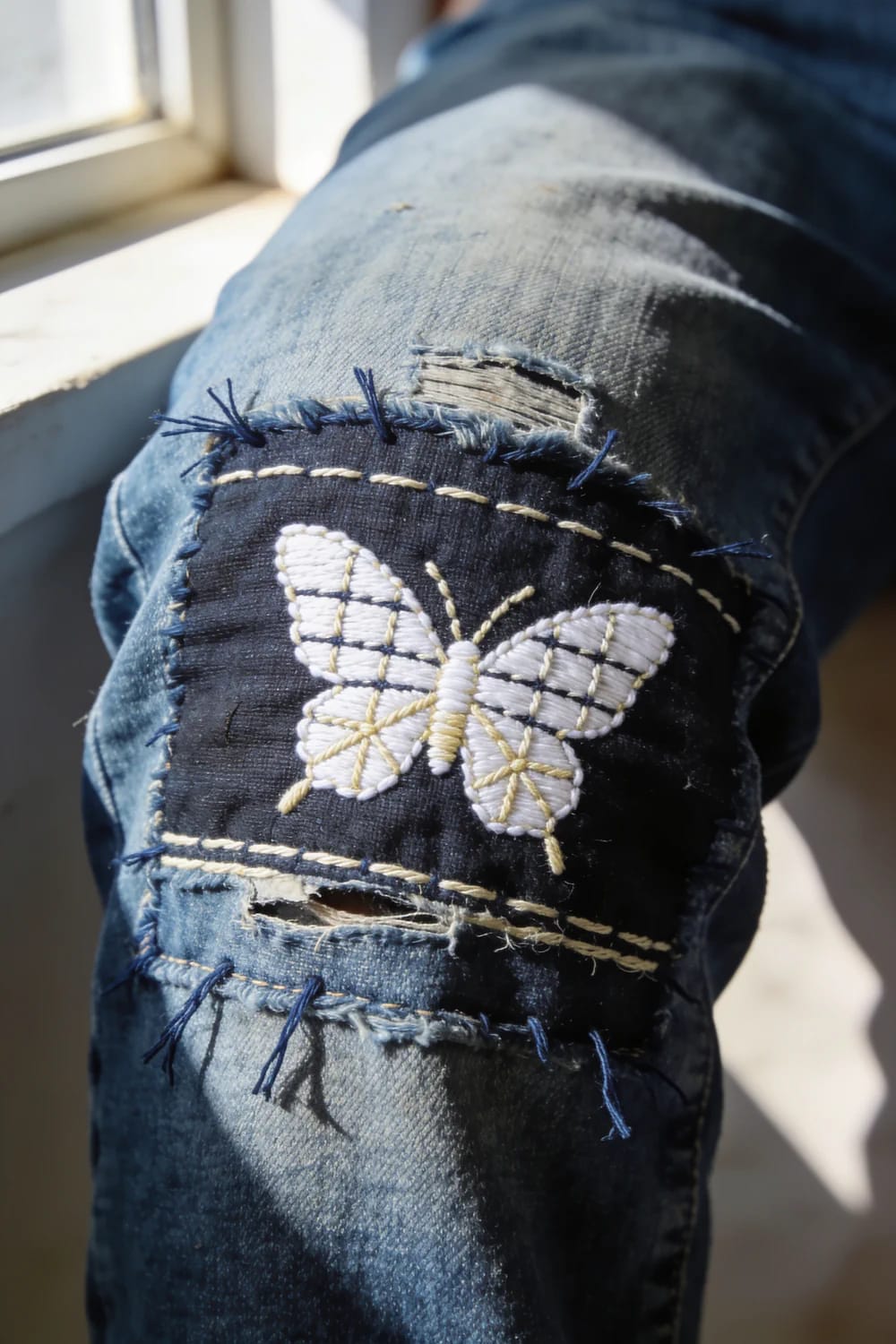 Butterfly Embroidery Jeans Knee Repair Close-up of blue jeans with a worn, torn knee repaired using dark fabric, visible blue and cream stitching, and a white embroidered butterfly design.
